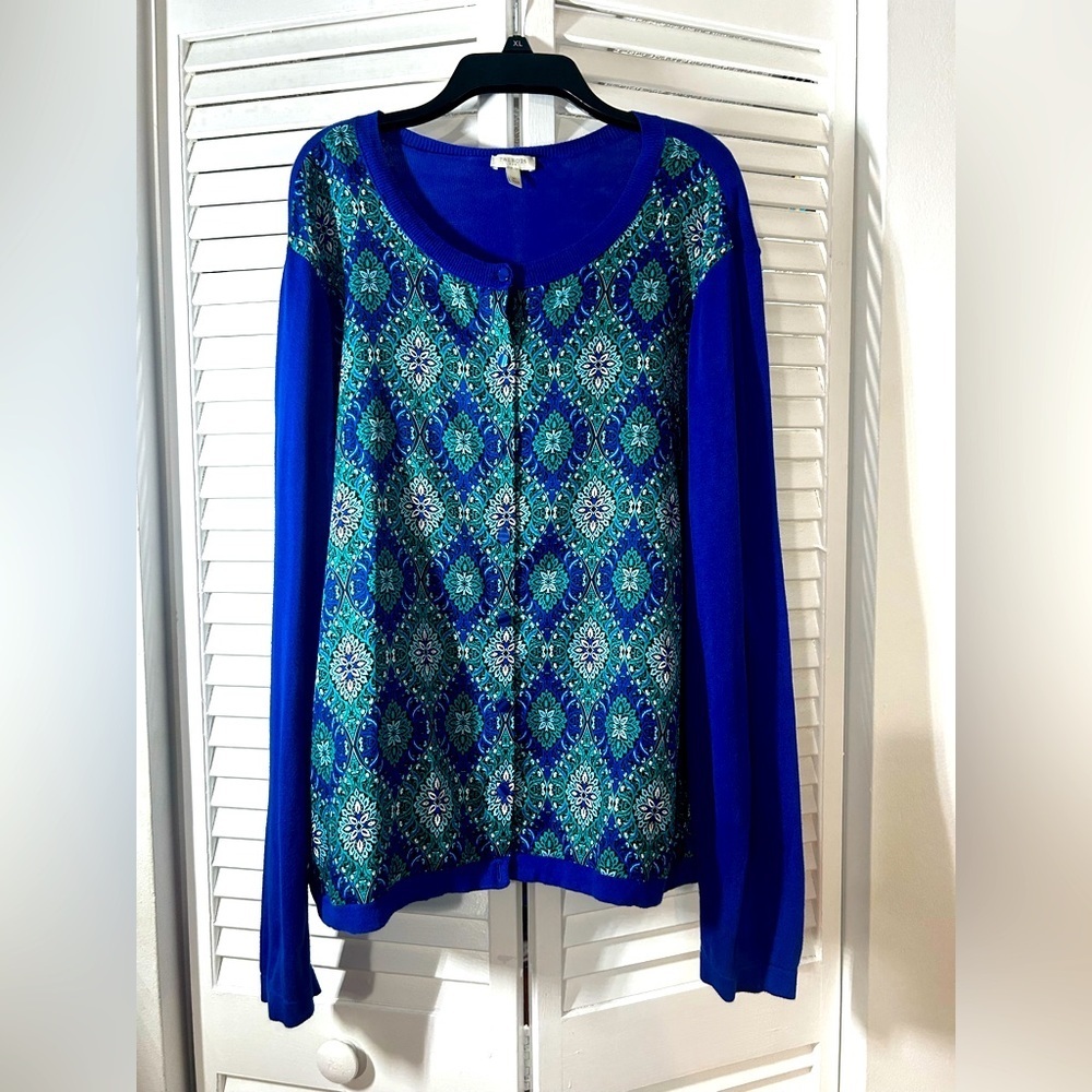 Talbots Woman's  Blue Turquoise Paisley Cardigan Sweater Lightweight Size XL